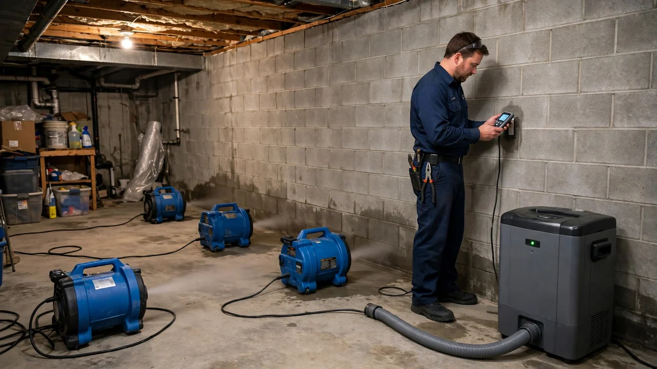 Water damage restoration in Akron, OH - structural drying equipment set up in a home