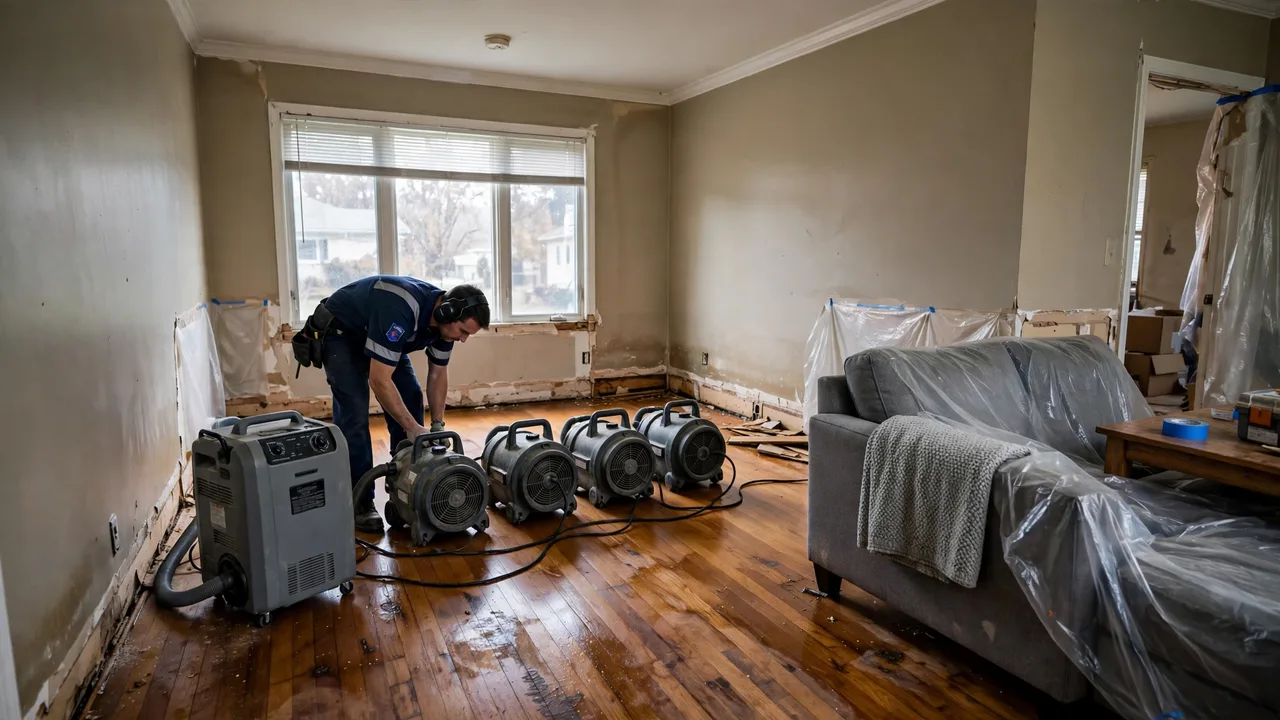 Water damage restoration in Asheville, NC - structural drying equipment set up in a home