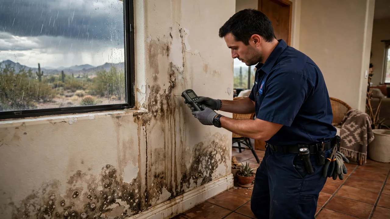 Water damage restoration in Avondale, AZ - technician checking moisture in a wall
