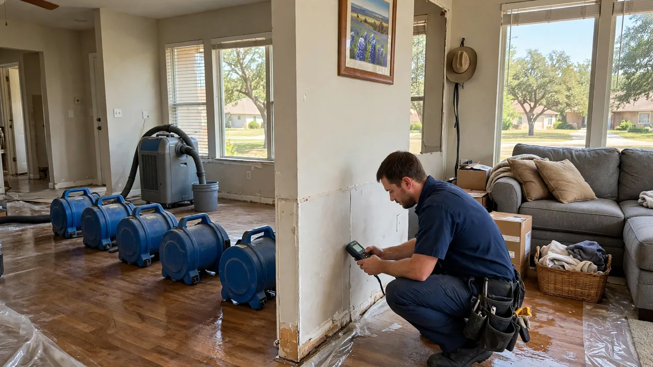 Water damage restoration in Beaumont, TX - structural drying equipment set up in a home