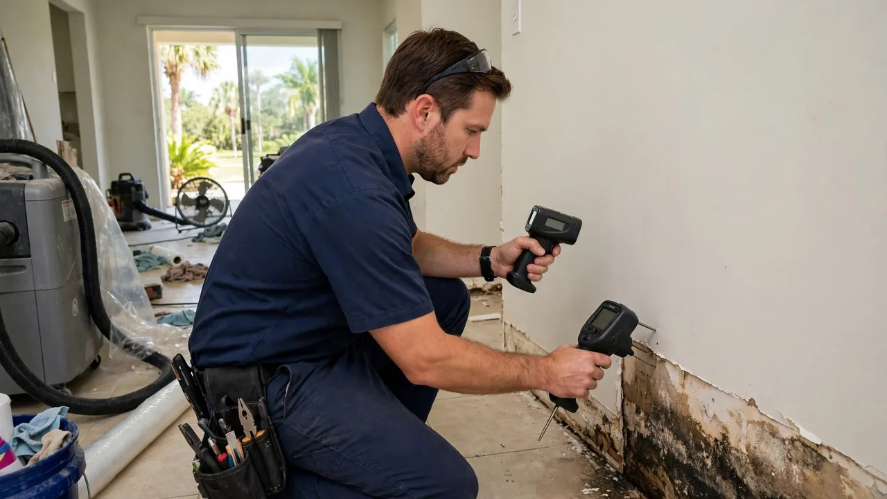Water damage restoration in Boca Raton, FL - technician checking moisture in a wall