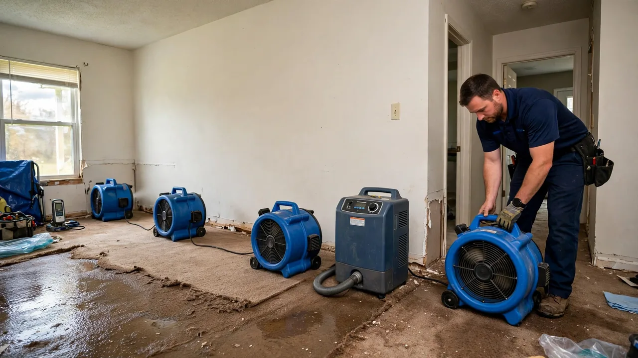 Water damage restoration in Bowling Green, KY - structural drying equipment set up in a home