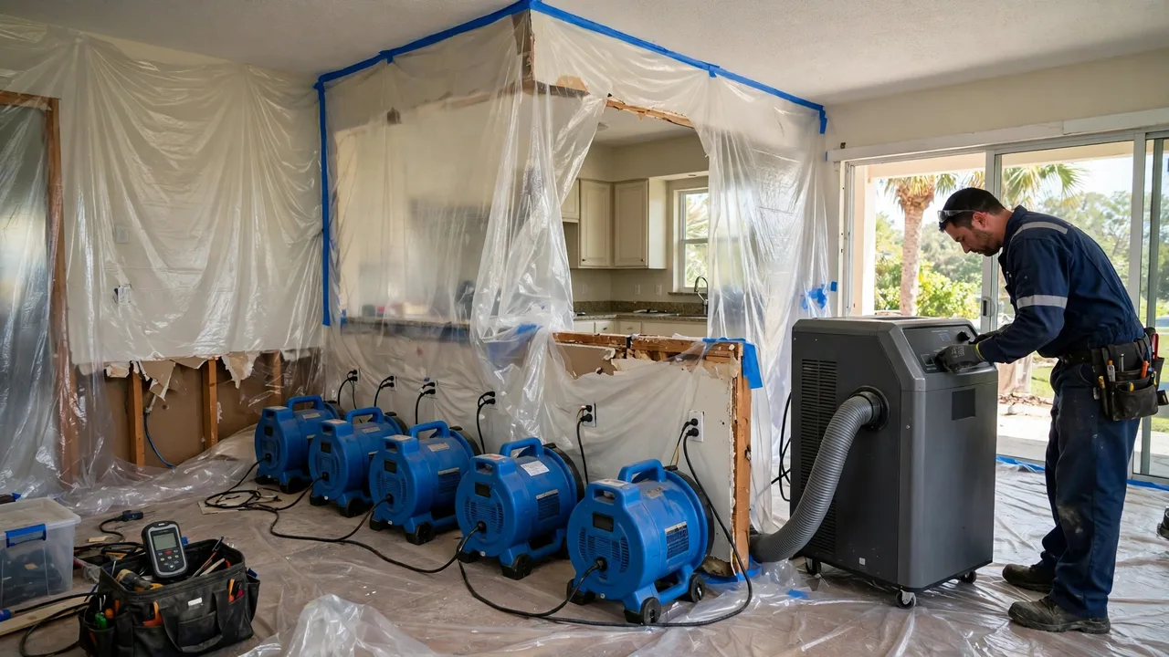 Water damage restoration in Boynton Beach, FL - structural drying equipment set up in a home