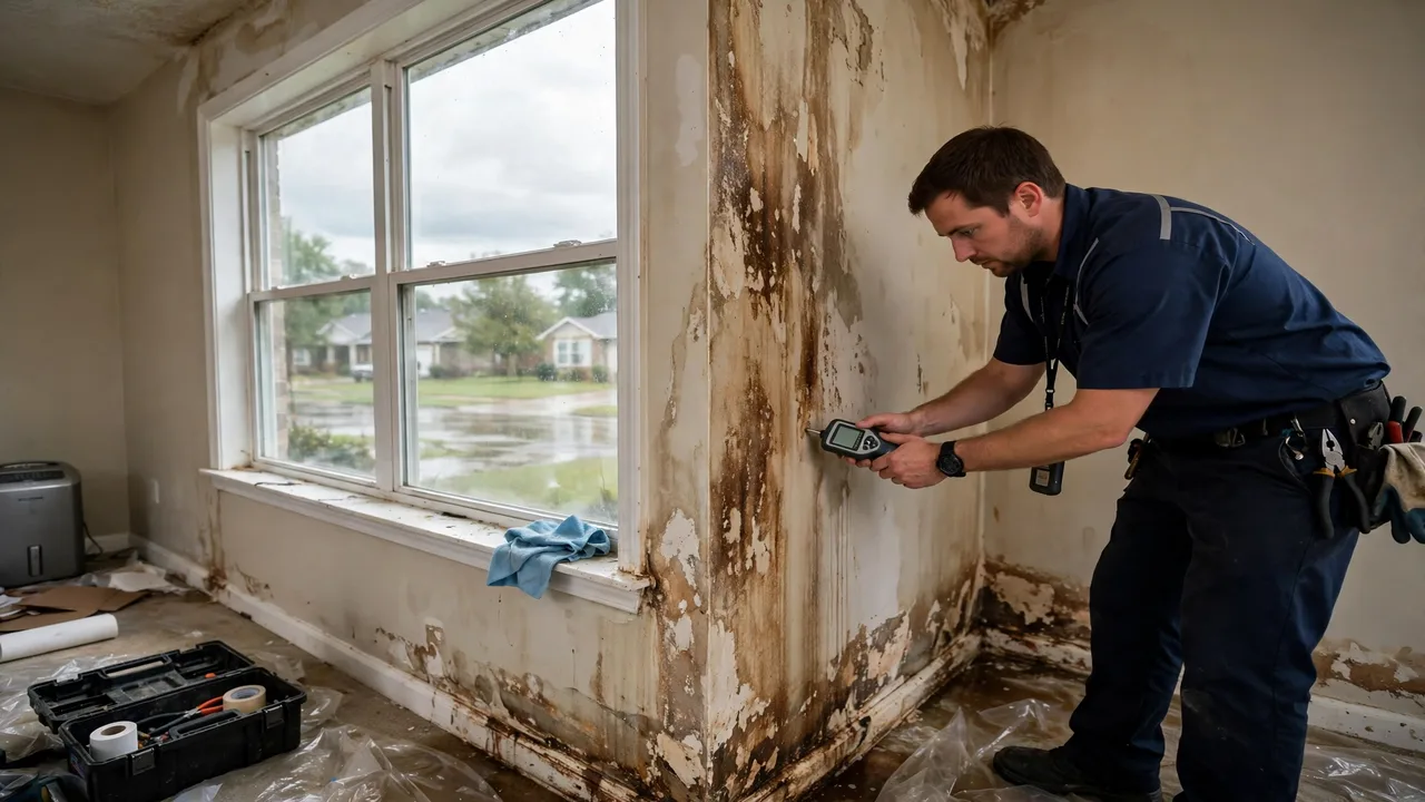 Water damage restoration in Broken Arrow, OK - technician checking moisture in a wall