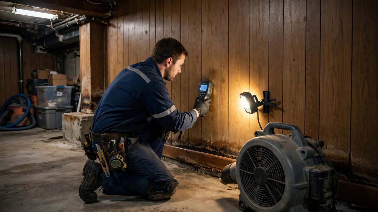 Water damage restoration in Canton, OH - technician checking moisture in a wall