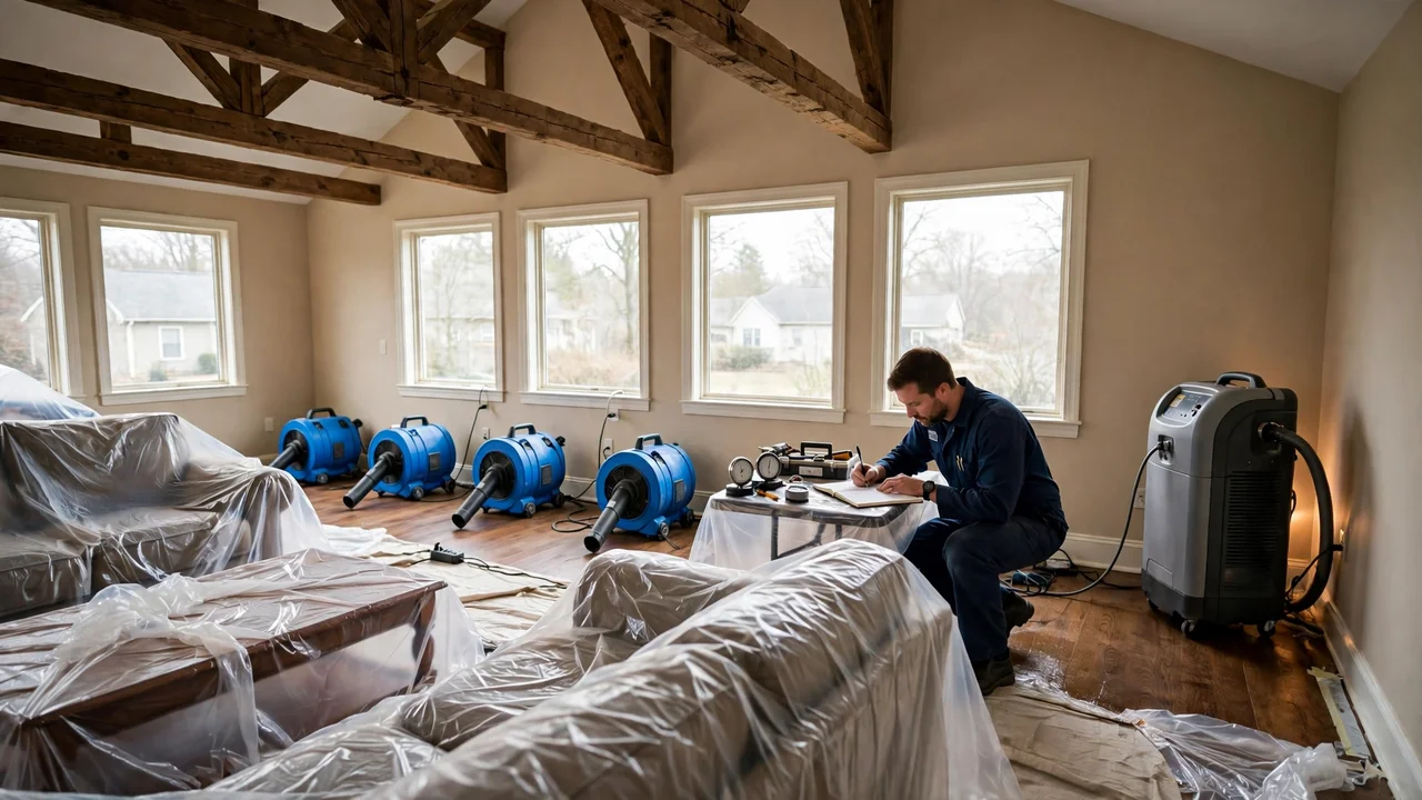 Water damage restoration in Carmel, IN - structural drying equipment set up in a home
