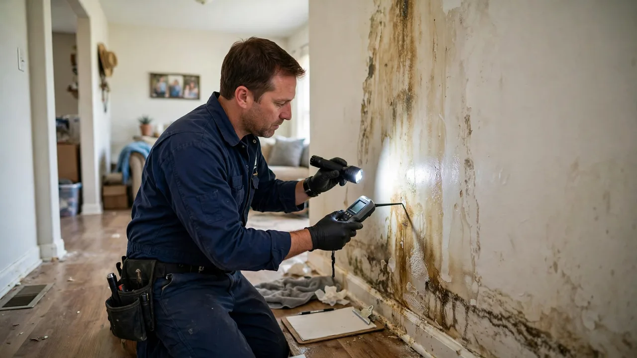 Water damage restoration in Cedar Park, TX - technician checking moisture in a wall