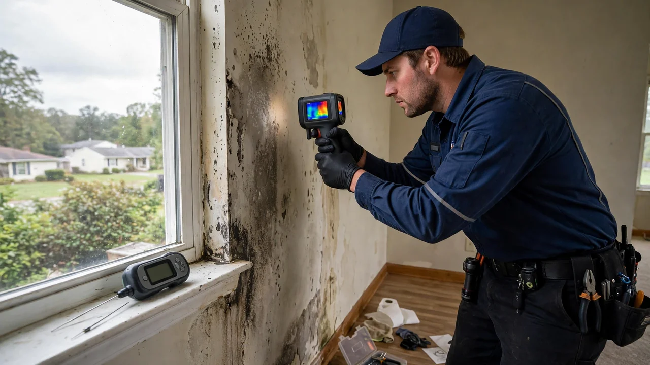 Water damage restoration in Chesapeake, VA - technician checking moisture in a wall