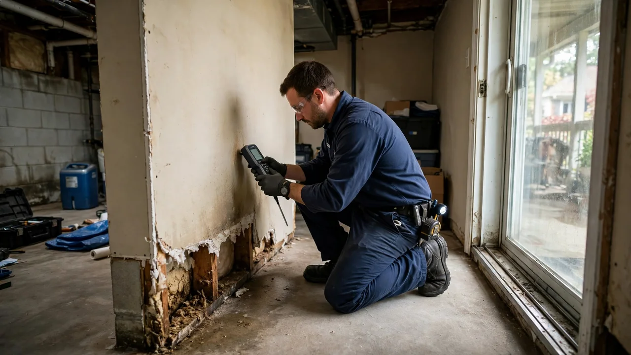 Water damage restoration in Columbia, MD - technician checking moisture in a wall