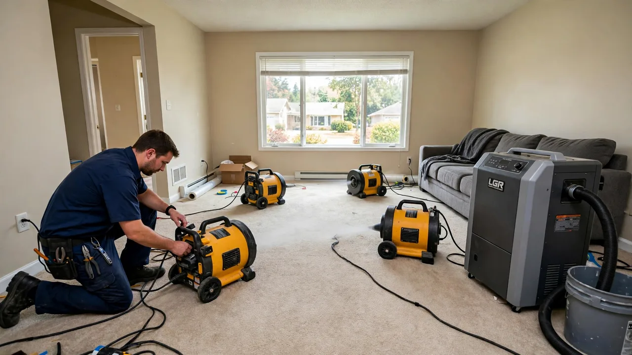 Water damage restoration in Concord, NC - structural drying equipment set up in a home