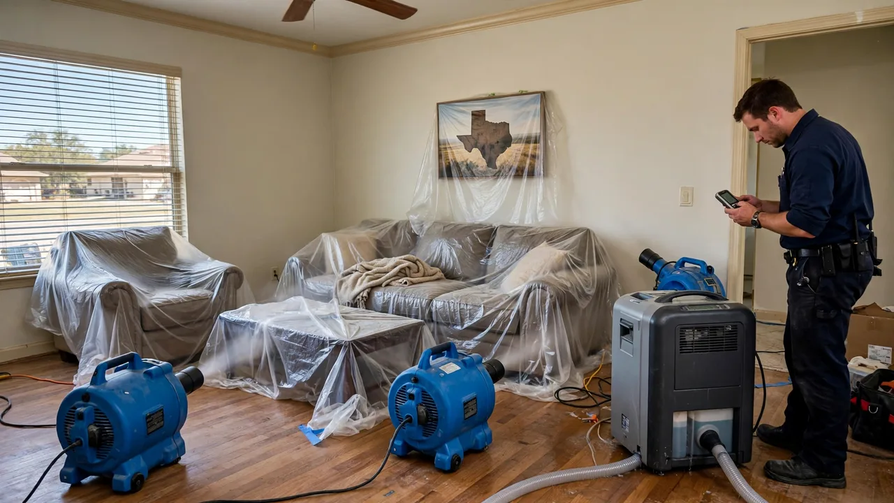 Water damage restoration in Conroe, TX - structural drying equipment set up in a home