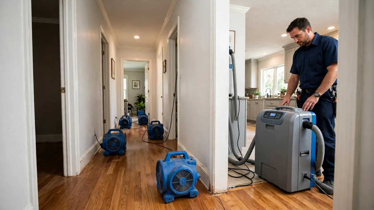 Water damage restoration in Conway, AR - structural drying equipment set up in a home