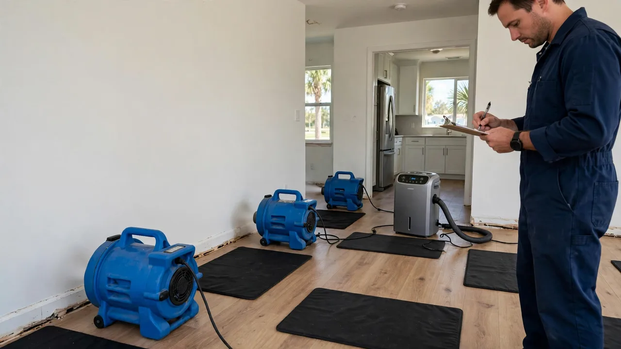 Water damage restoration in Daytona Beach, FL - structural drying equipment set up in a home