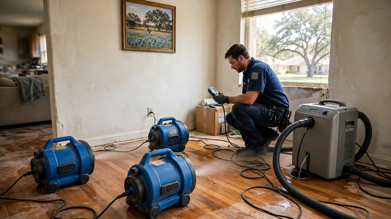 Water damage restoration in Denton, TX - structural drying equipment set up in a home