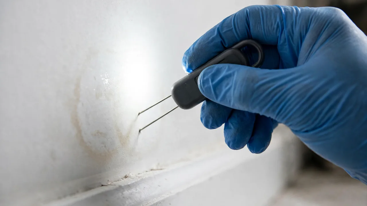 Water damage restoration in Edison, NJ - moisture meter inspection of a water-damaged wall