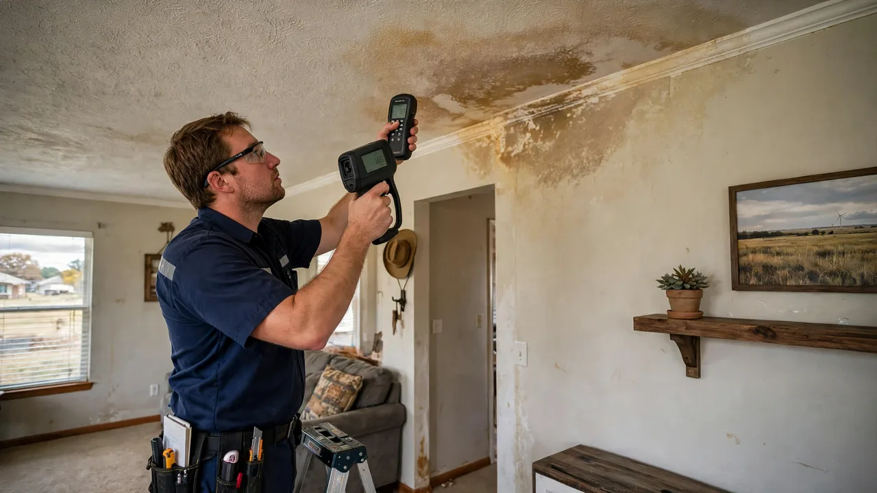 Water damage restoration in Edmond, OK - technician checking moisture in a wall