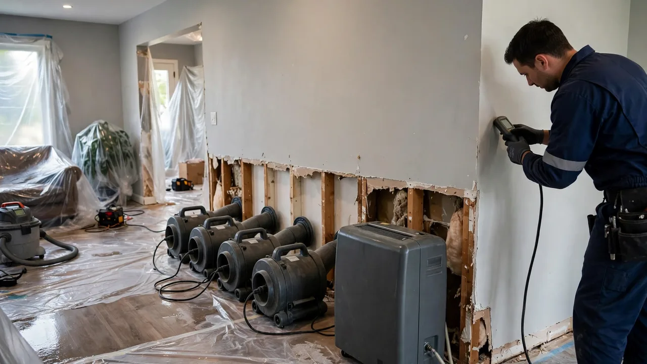 Water damage restoration in Fayetteville, NC - structural drying equipment set up in a home