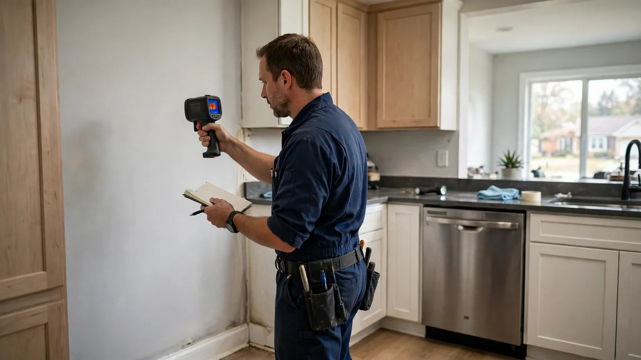 Water damage restoration in Fishers, IN - technician checking moisture in a wall