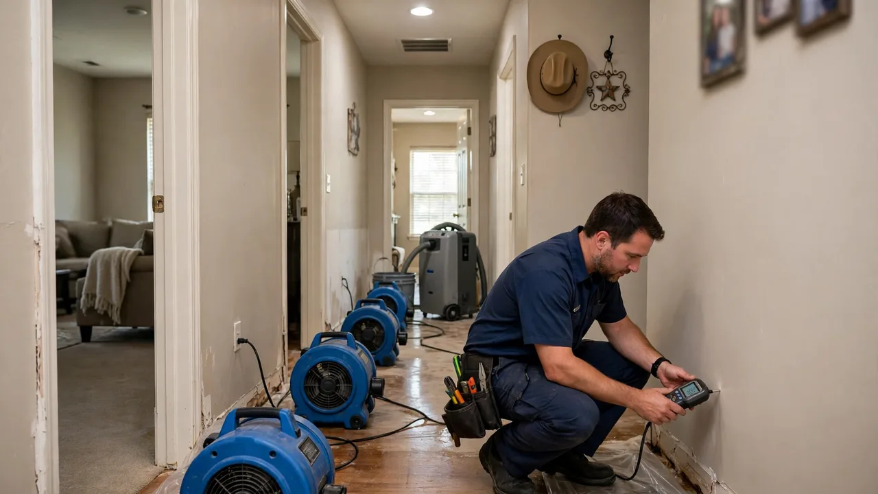 Water damage restoration in Fort Worth, TX - structural drying equipment set up in a home