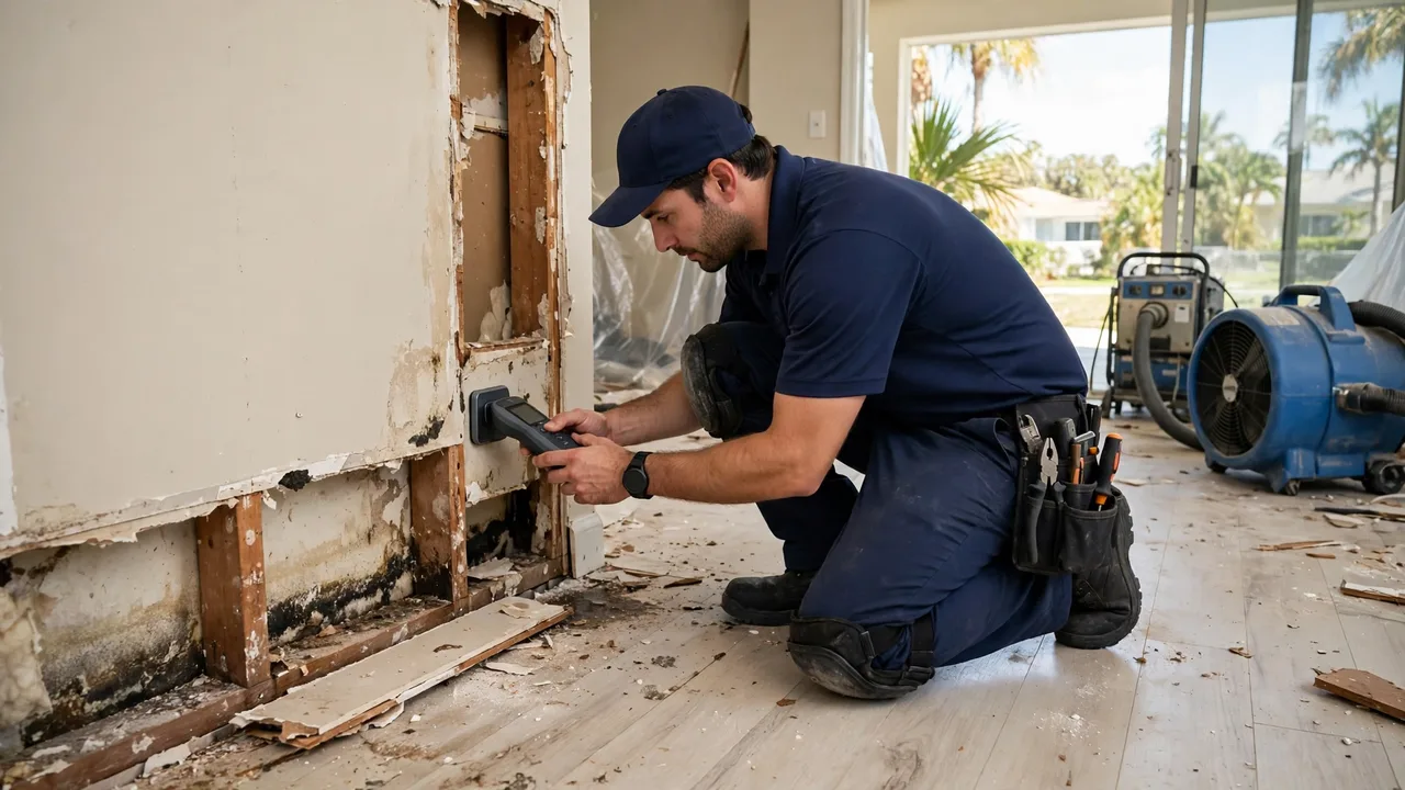 Water damage restoration in Gainesville, FL - technician checking moisture in a wall