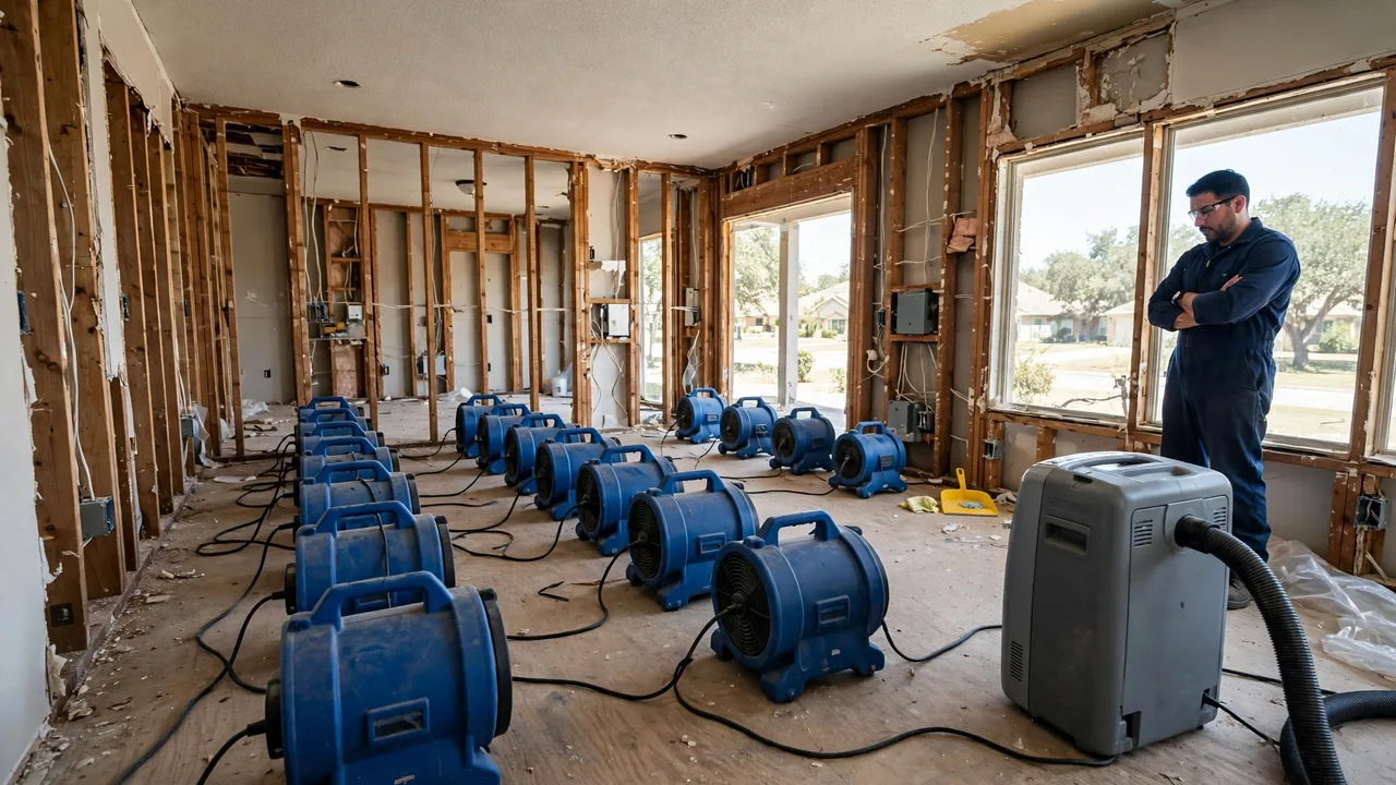 Water damage restoration in Garland, TX - structural drying equipment set up in a home