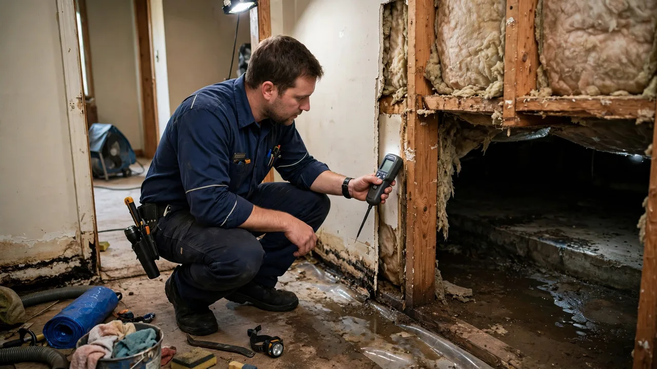 Water damage restoration in Georgetown, KY - technician checking moisture in a wall