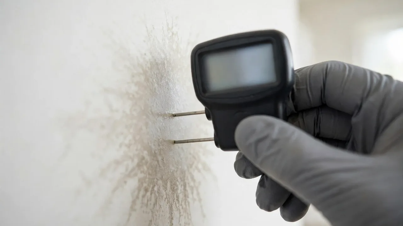 Water damage restoration in Gilbert, AZ - moisture meter inspection of a water-damaged wall