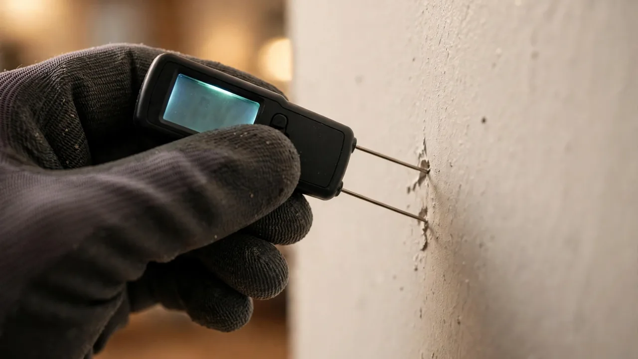 Water damage restoration in Holly Springs, NC - moisture meter inspection of a water-damaged wall