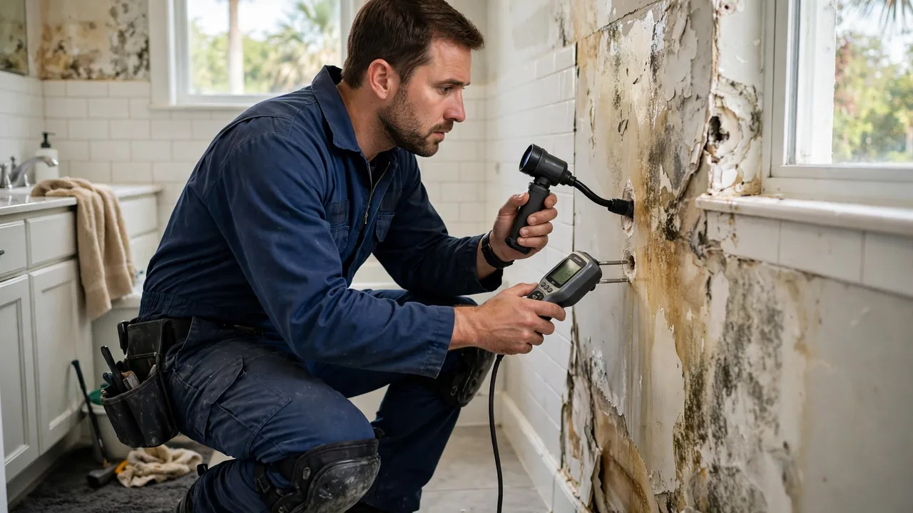 Water damage restoration in Hollywood, FL - technician checking moisture in a wall