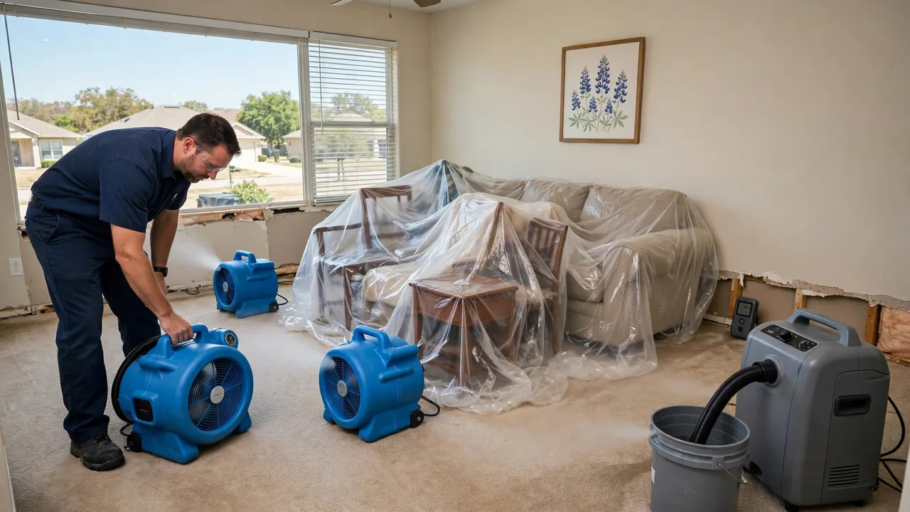 Water damage restoration in Irving, TX - structural drying equipment set up in a home