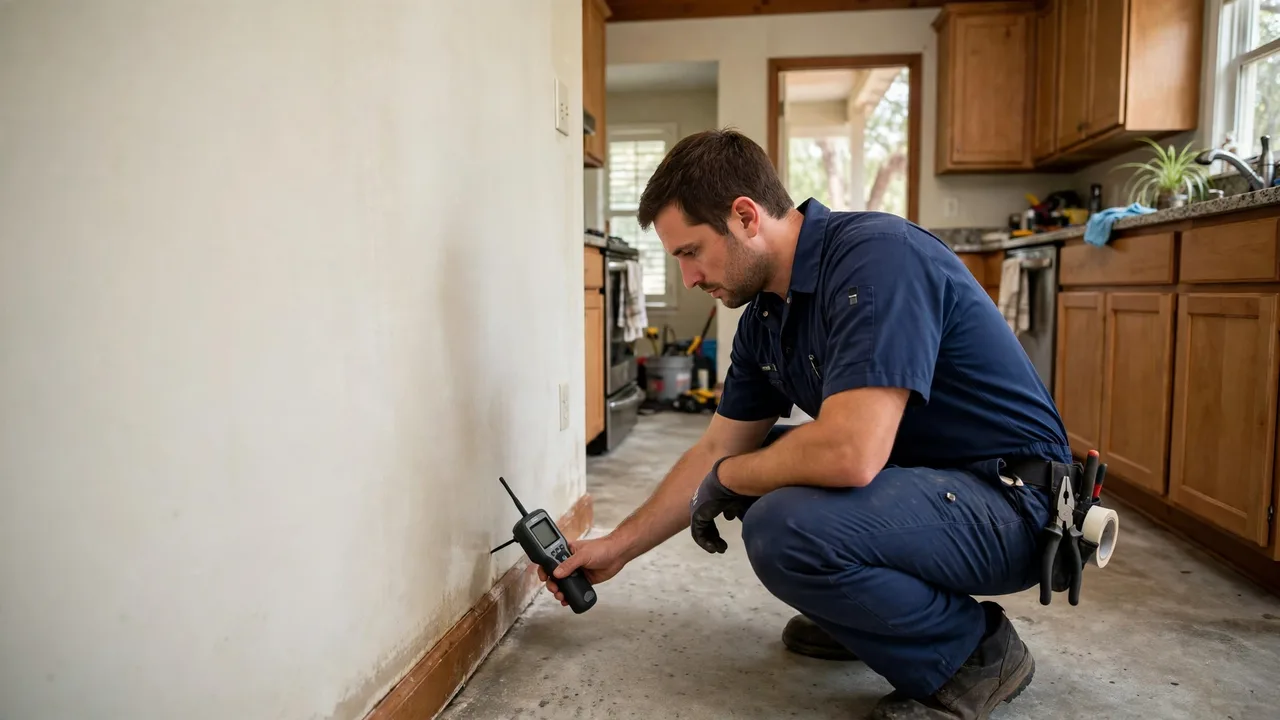 Water damage restoration in Lafayette, LA - technician checking moisture in a wall
