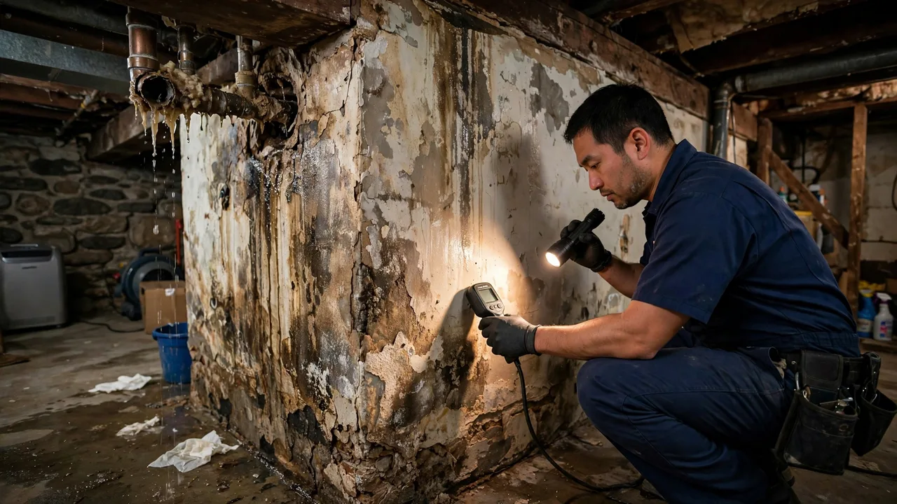 Water damage restoration in Lexington, KY - technician checking moisture in a wall