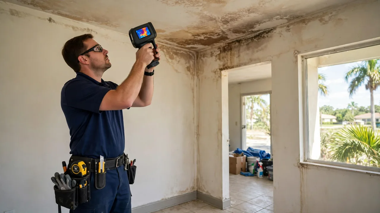 Water damage restoration in Melbourne, FL - technician checking moisture in a wall