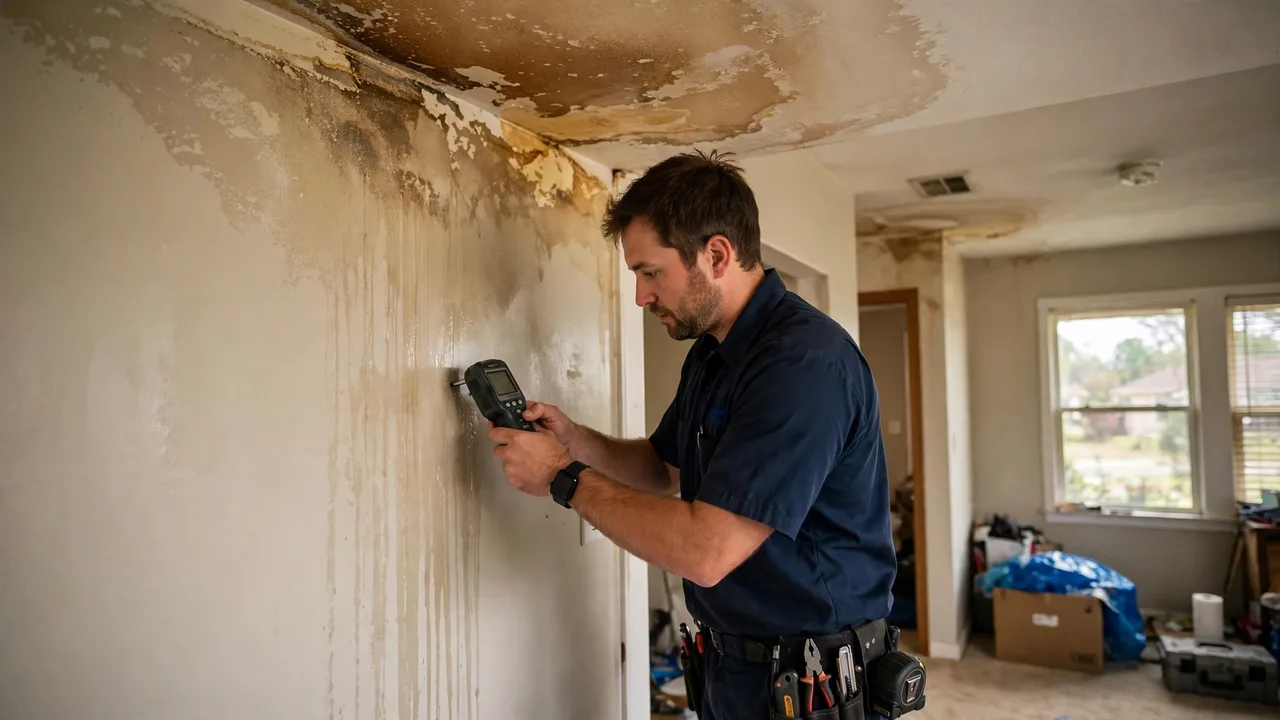 Water damage restoration in Moore, OK - technician checking moisture in a wall