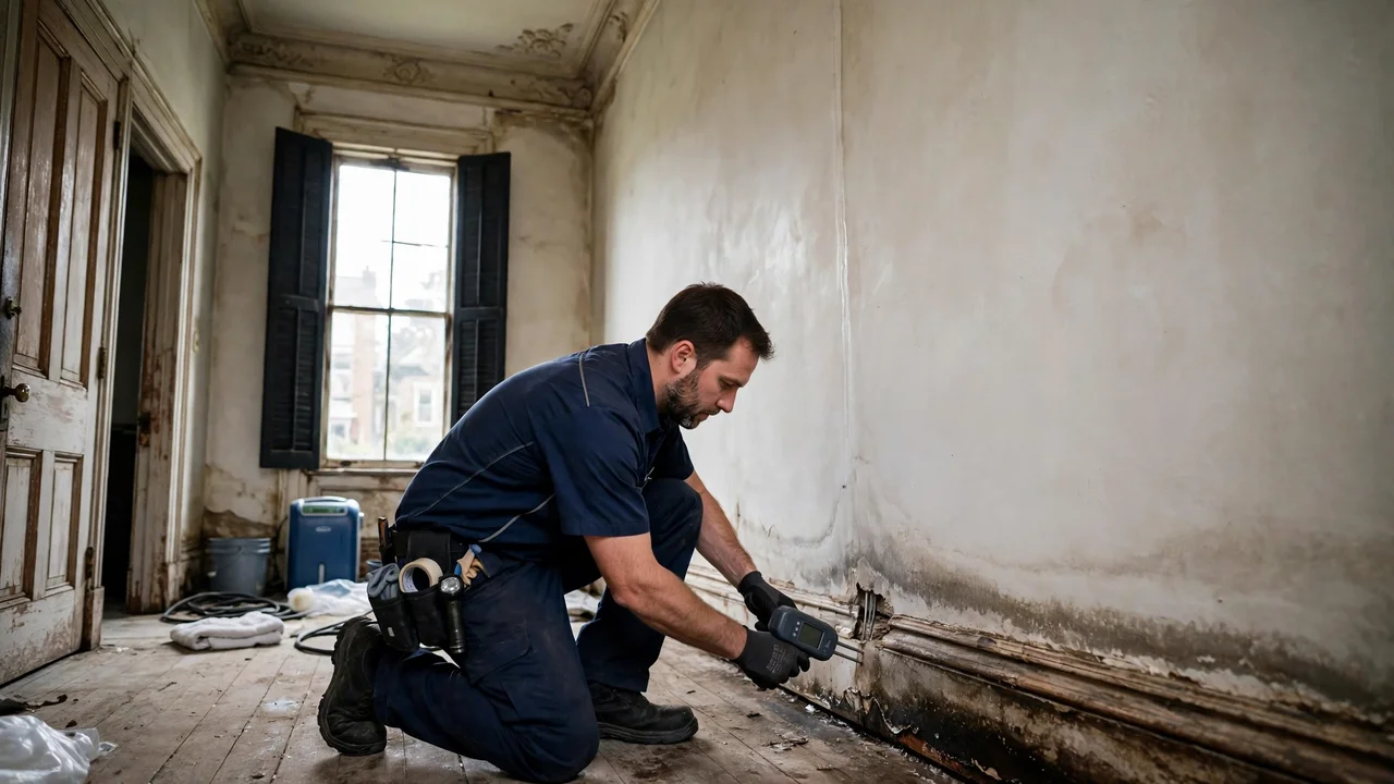 Water damage restoration in Norfolk, VA - technician checking moisture in a wall