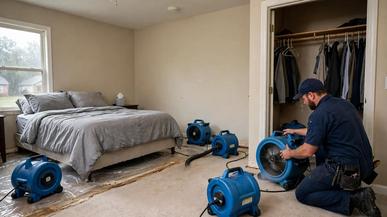 Water damage restoration in Norman, OK - structural drying equipment set up in a home