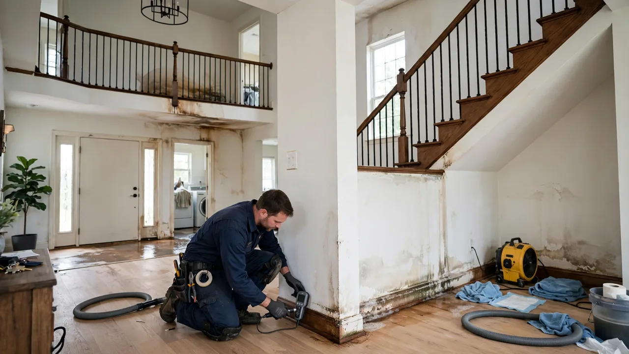 Water damage restoration in O'Fallon, MO - technician checking moisture in a wall