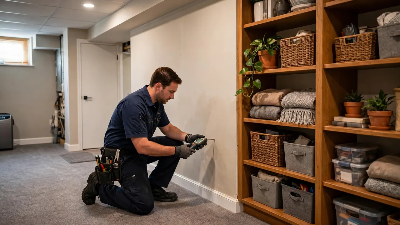 Water damage restoration in Overland Park, KS - technician checking moisture in a wall