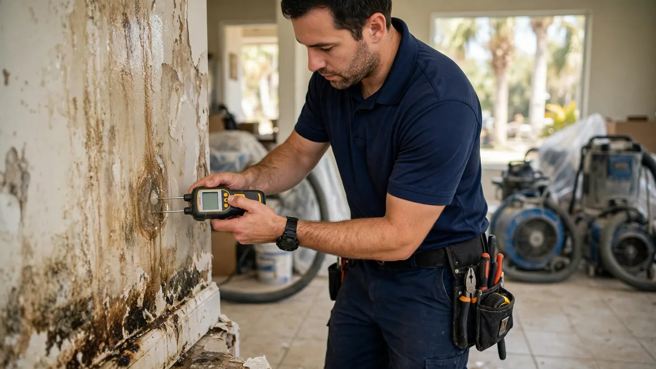 Water damage restoration in Palm Bay, FL - technician checking moisture in a wall