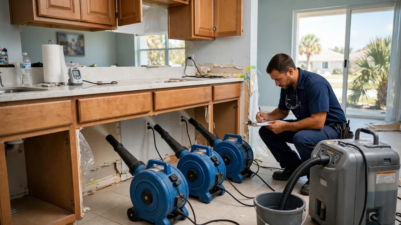 Water damage restoration in Pembroke Pines, FL - structural drying equipment set up in a home