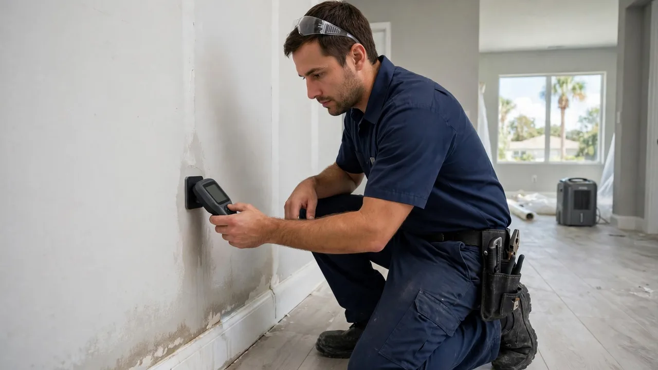 Water damage restoration in Port St. Lucie, FL - technician checking moisture in a wall