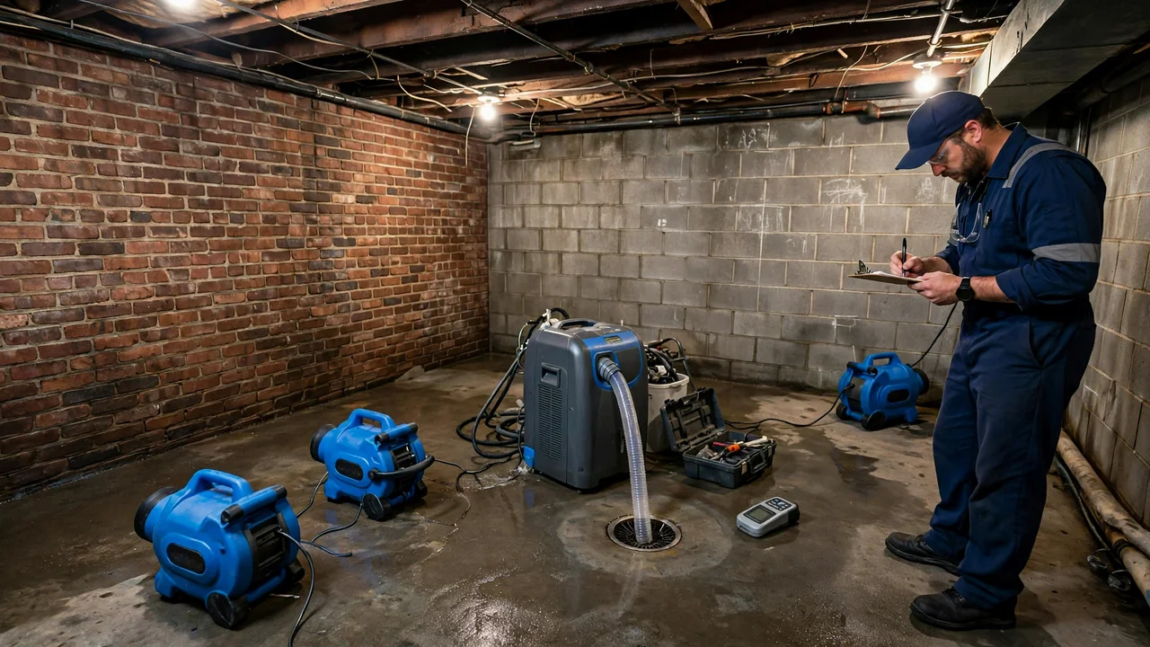 Water damage restoration in Reading, PA - structural drying equipment set up in a home