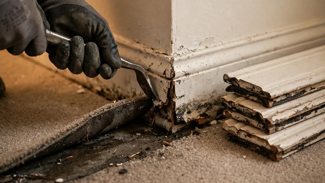 Water damage restoration in Roswell, GA - moisture meter inspection of a water-damaged wall