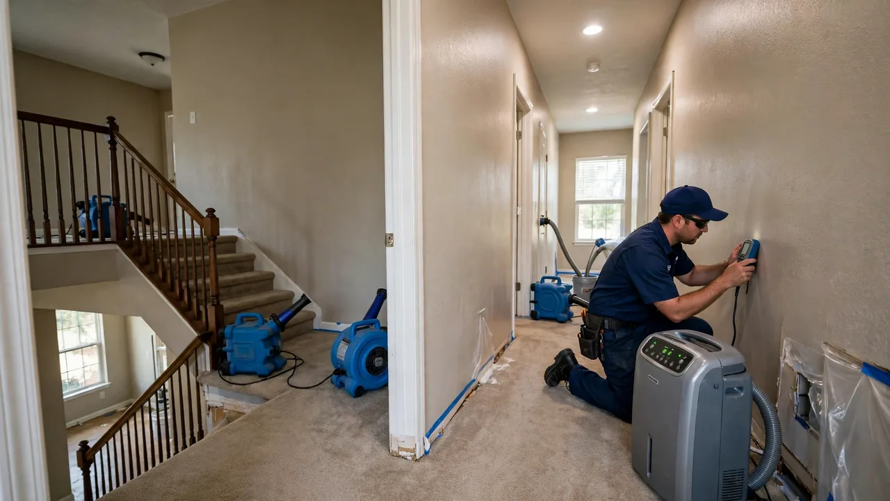 Water damage restoration in Round Rock, TX - structural drying equipment set up in a home