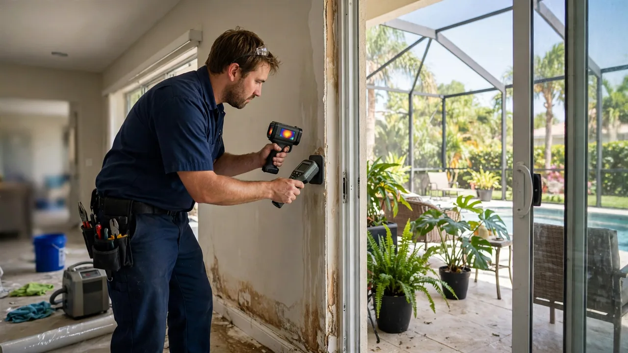 Water damage restoration in Sarasota, FL - technician checking moisture in a wall