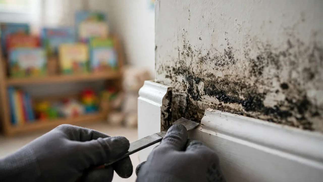 Water damage restoration in Skokie, IL - moisture meter inspection of a water-damaged wall