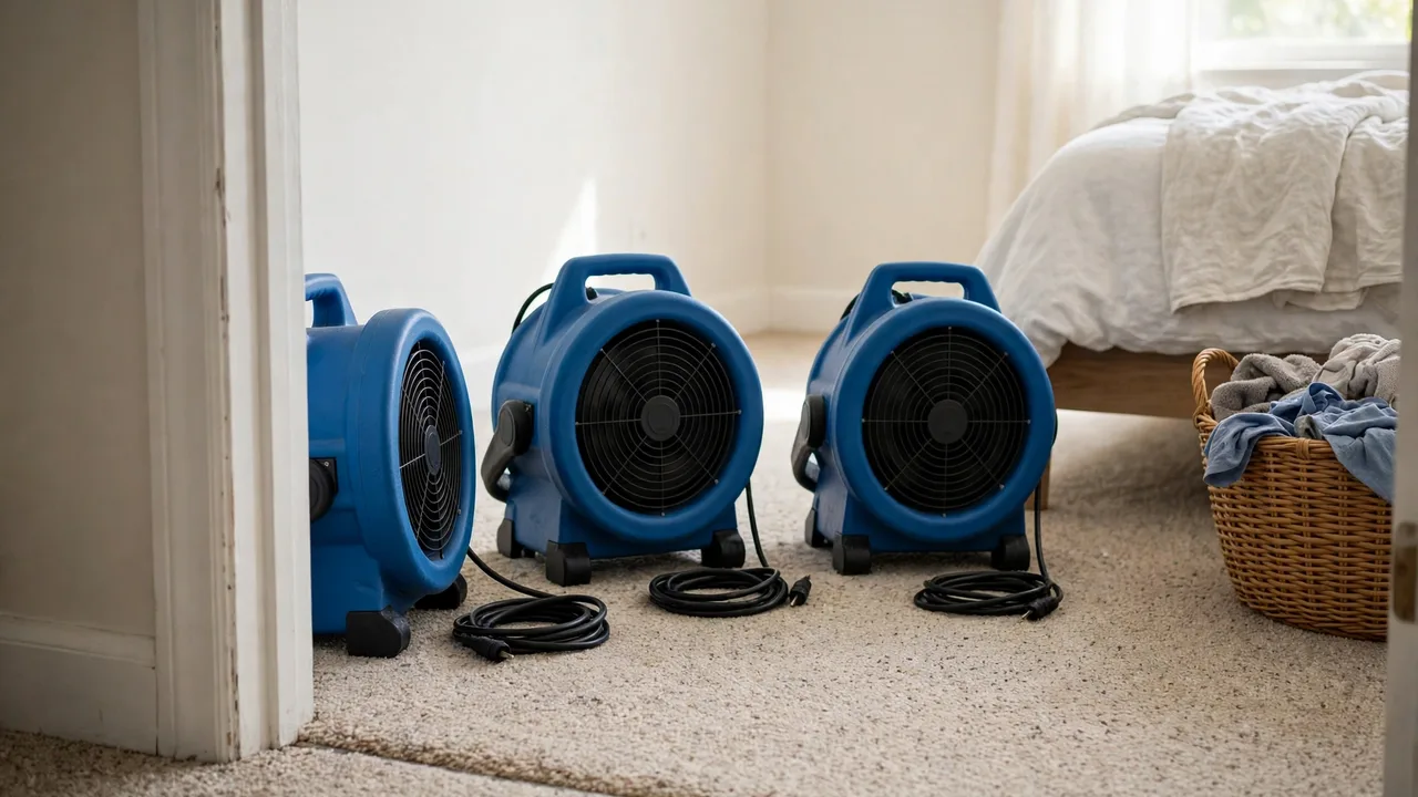 Water damage restoration in Slidell, LA - structural drying equipment set up in a home