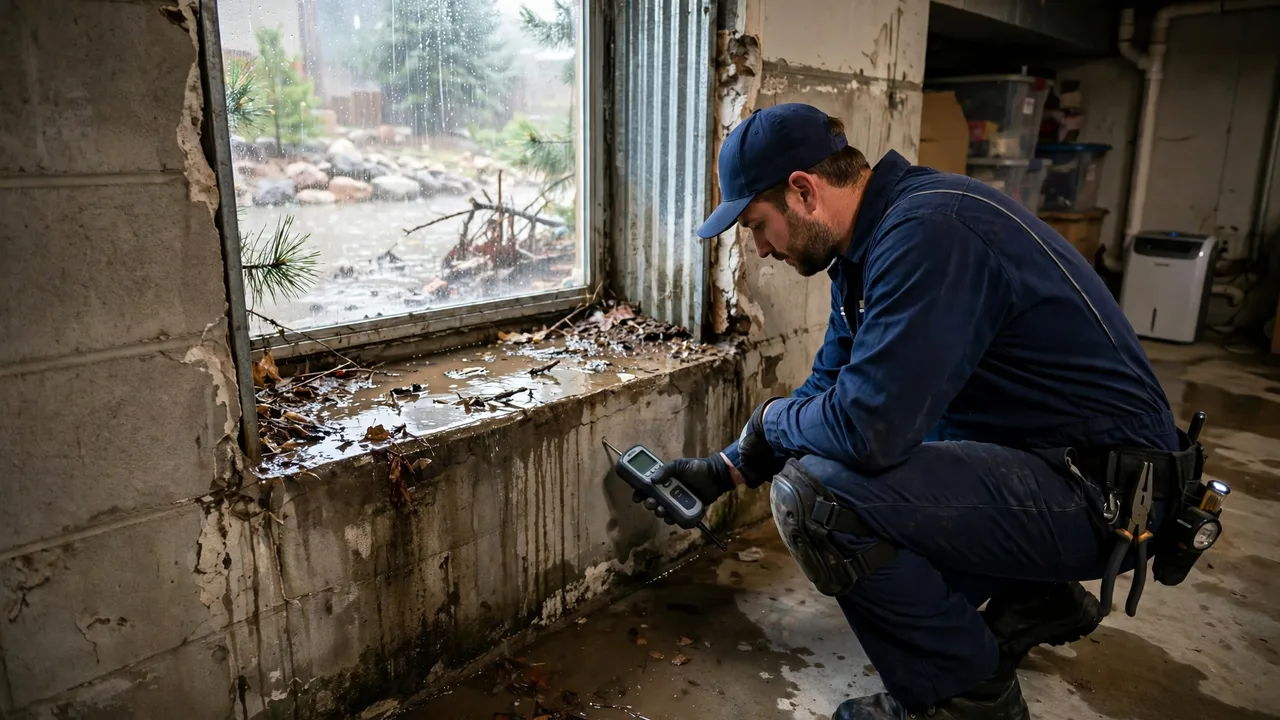 Water damage restoration in Thornton, CO - technician checking moisture in a wall