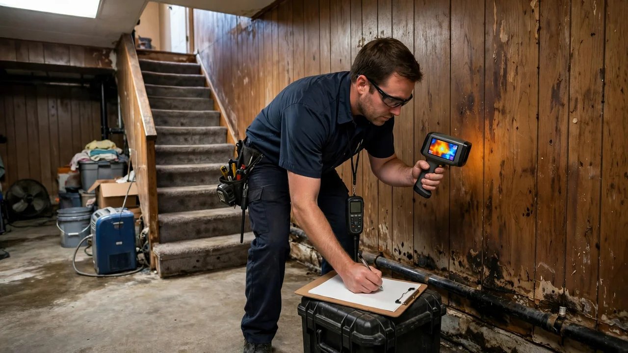 Water damage restoration in Towson, MD - technician checking moisture in a wall