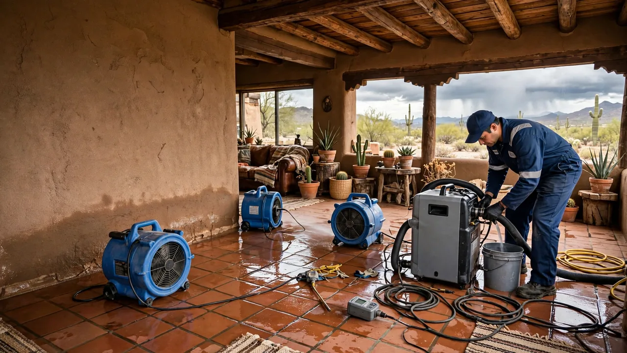 Water damage restoration in Tucson, AZ - structural drying equipment set up in a home